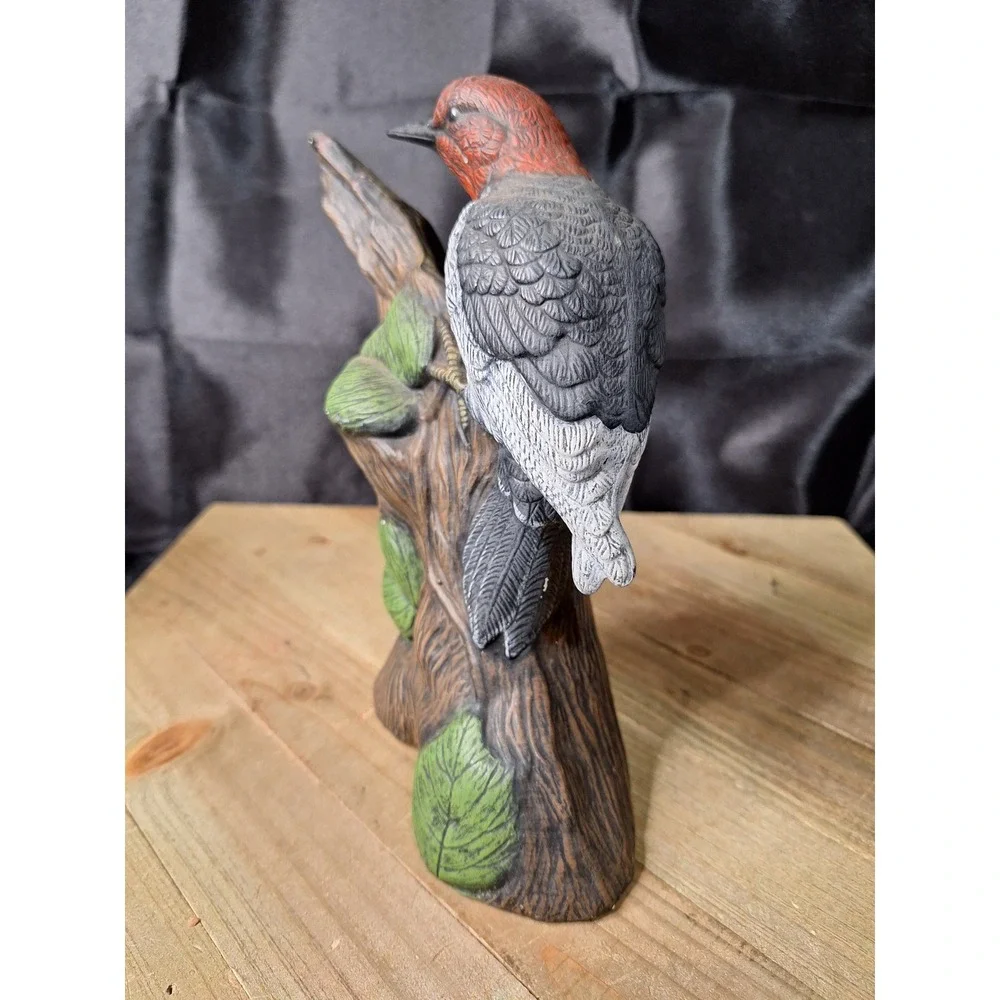 Vintage Red Headed Woodpecker Ceramic Figurine Bird on Tree Stump Statue 8.5